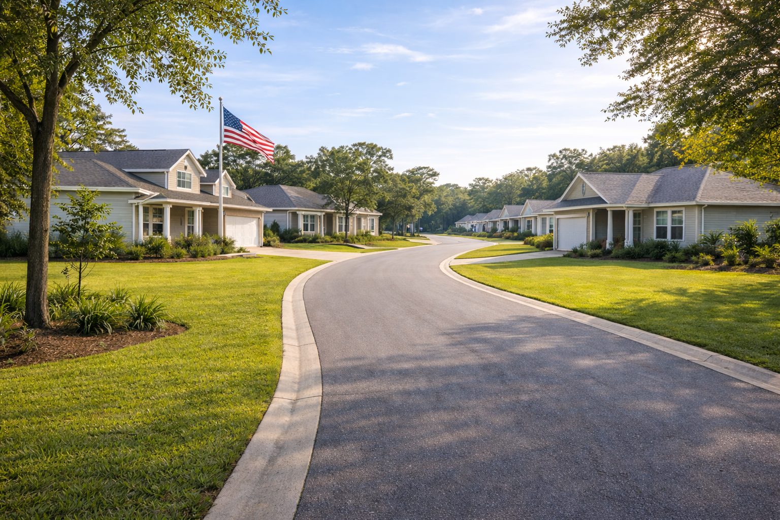 Northwest Florida neighborhood street leading forward in soft sunlight