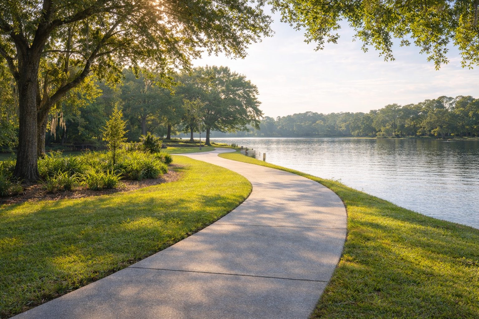 Northwest Florida green space with path in soft sunlight