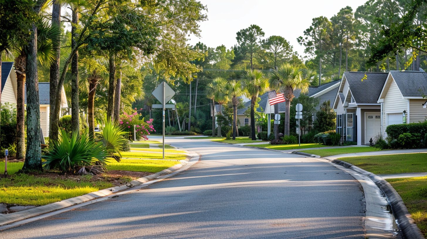Northwest Florida neighborhood with American flag representing military families buying homes in Navarre