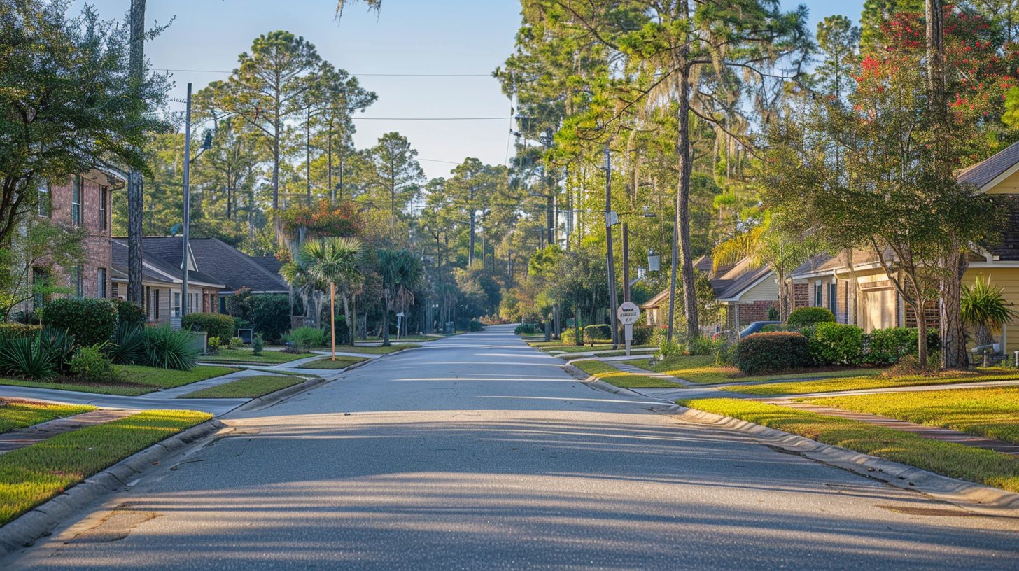 Northwest Florida family neighborhood street in bright morning light