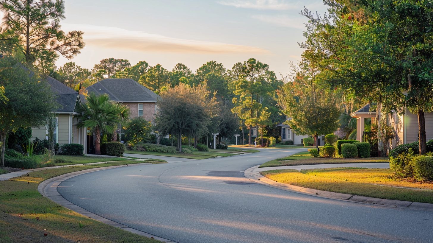 Northwest Florida family neighborhood street leading toward larger homes