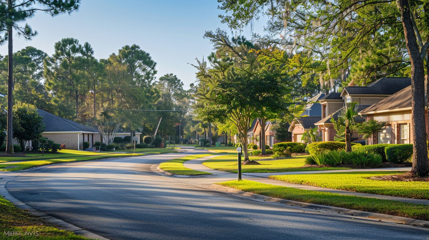 Northwest Florida residential neighborhood street with family homes in morning light