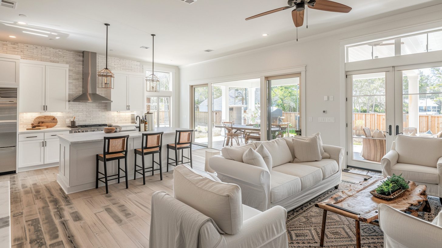 Open concept family home floor plan with connected living spaces