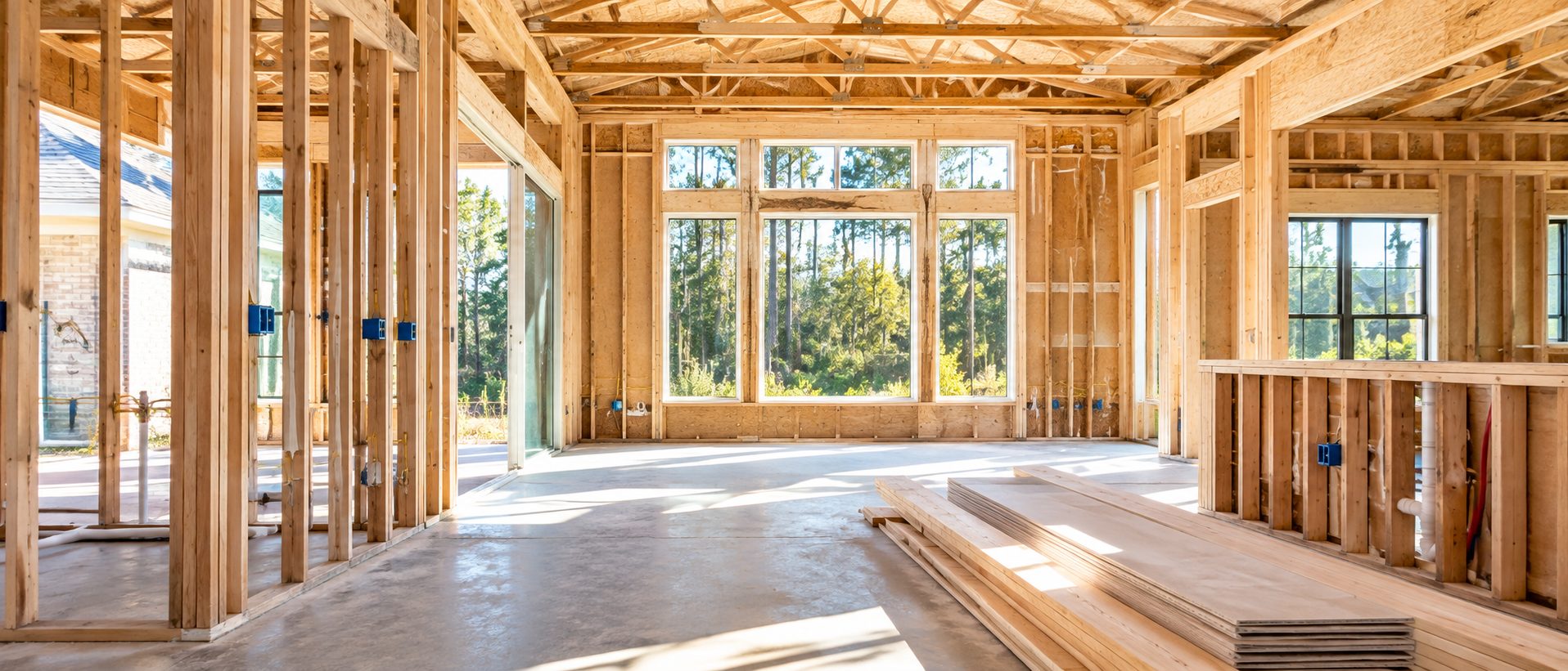 Interior framing and installed windows in a Northwest Florida new construction home