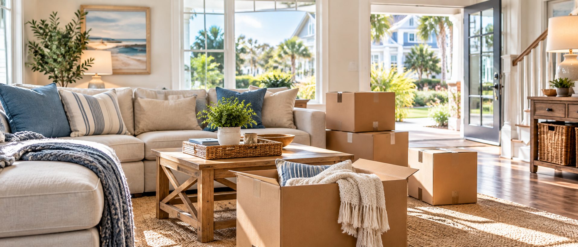 Bright Northwest Florida family living room with moving boxes while preparing for a move